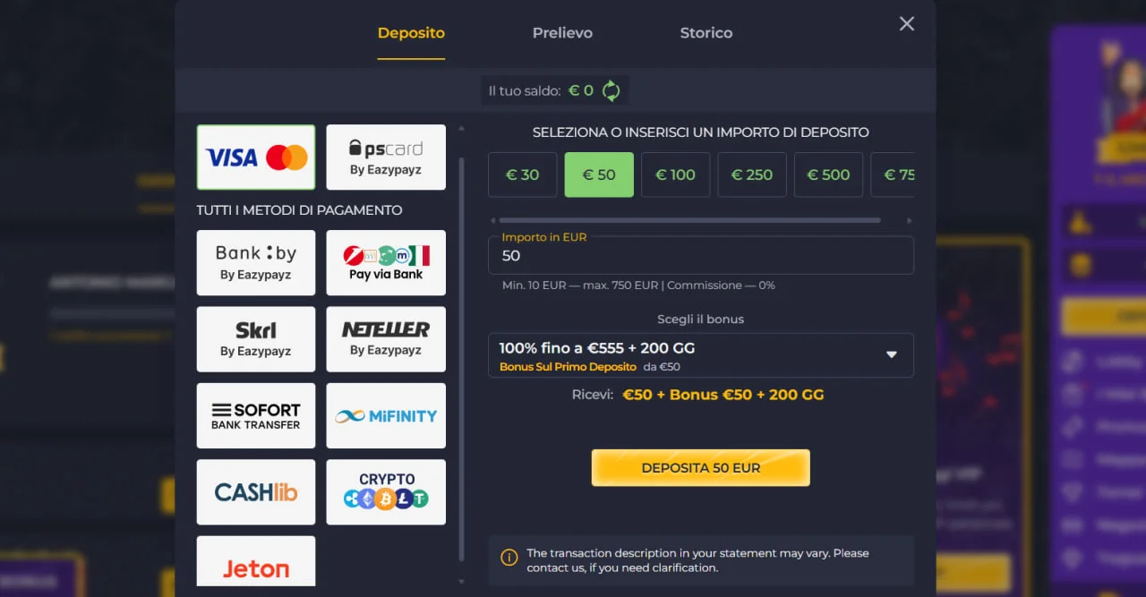 Schermata metodi bancari casino online