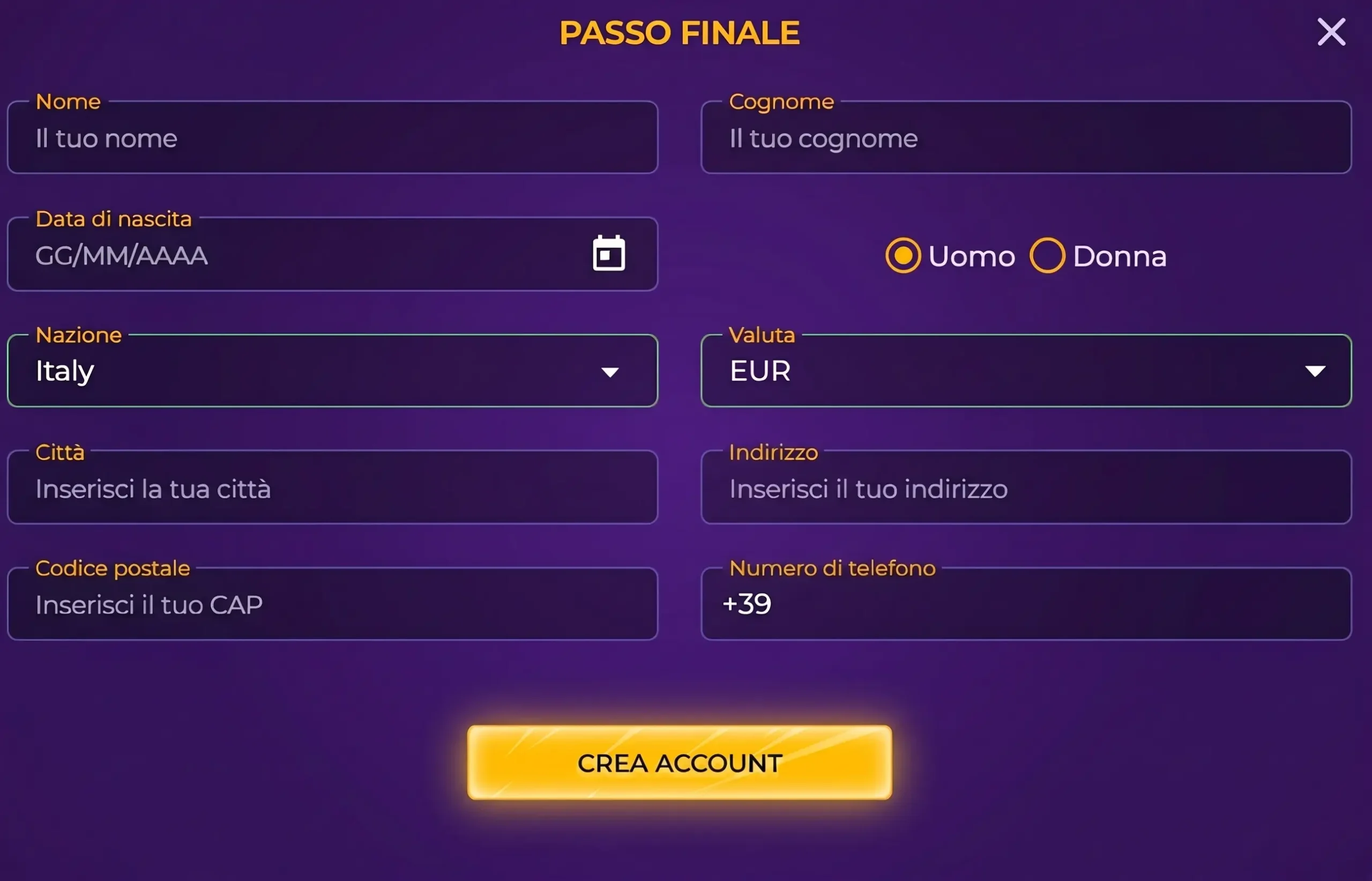 Passo finale registrazione casino online