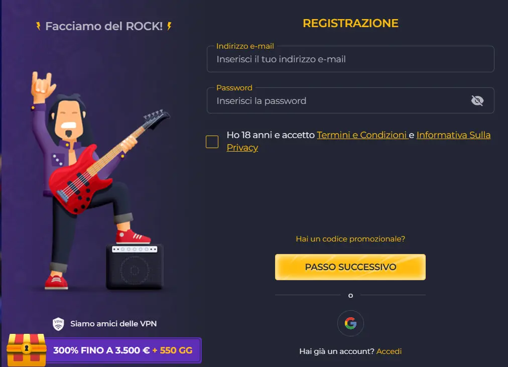 Pagina registrazione casino Rolling Slots